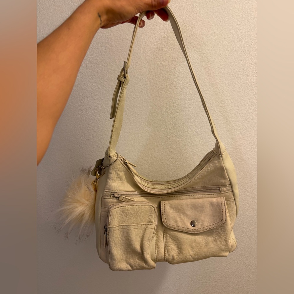 Classic Cream Shoulder Bag with Front Pockets